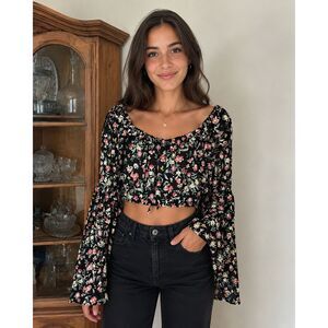 Floral Crop Top Almost Famous Bell Sleeves Smocked Peasant Cottagecore Fairy